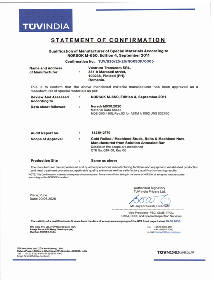 Norsok Certificate MDS 60 60L