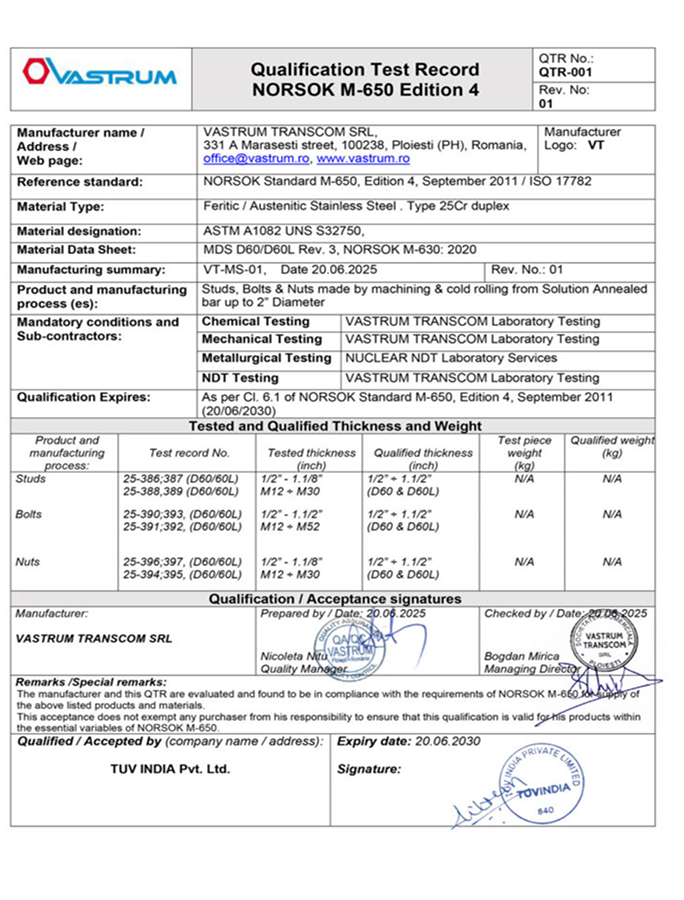 QTR 001 NORSOK – UNS 25Cr Duplex